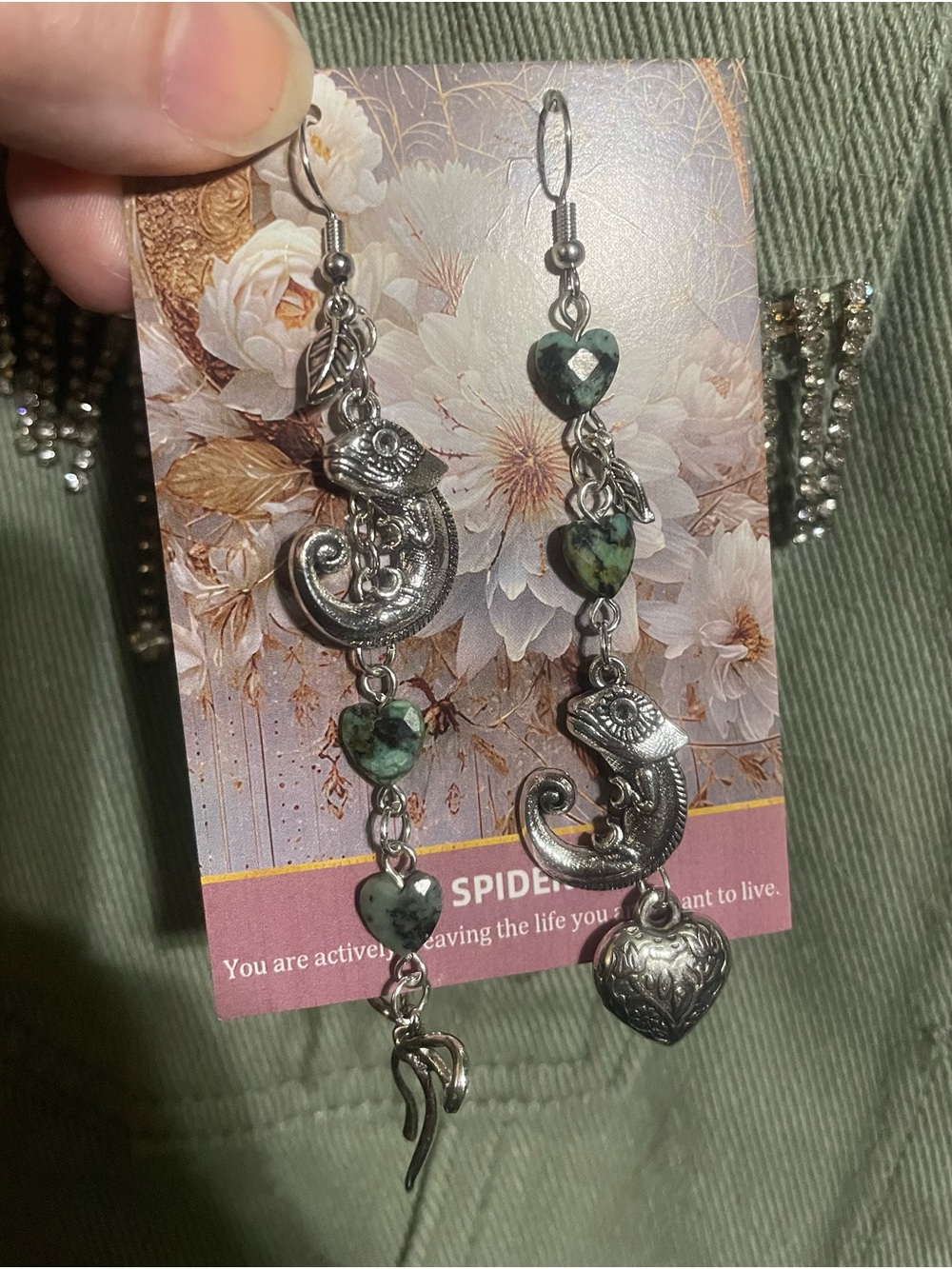 Hand Crafted Silver Chameleon Earrings with African Turquoise Stone Hearts